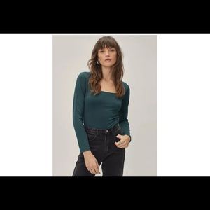 Forever 21 Ribbed Dark Green Fitted Square Neck Long Sleeve Top